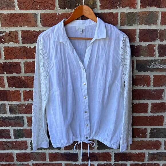 J. Jill White Button Down Lace Sleeve Linen Top Womens Size Large - Picture 2 of 7
